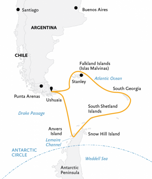 Маршрут тура «Южная Георгия, Фолклендские острова и Антарктида»