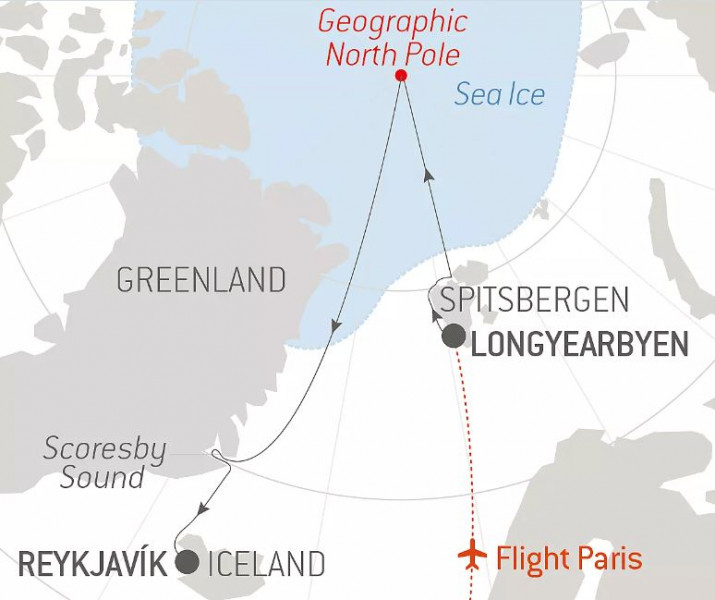 Маршрут тура «круиз на северный полюс на ледоколе Le Commandant Charcot в Арктику»