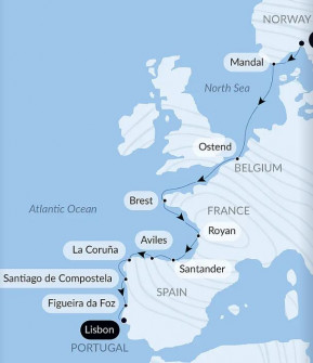 Маршрут круиза «Летние путешествия: от Северного моря до Пиренейского полуострова»