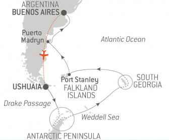 Маршрут круиза «Фолклендские острова, Южная Георгия, Антарктика и полуостров Вальдес»