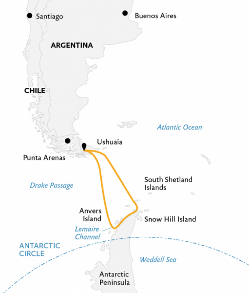 Маршрут тура «Активные приключения в Антарктике»