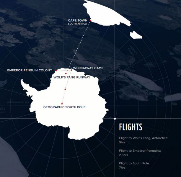 Маршрут тура «ТУР НА ЮЖНЫЙ ПОЛЮС И В КОЛОНИЮ ИМПЕРАТОРСКИХ ПИНГВИНОВ ЧЕРЕЗ РОСКОШНЫЙ WHICHAWAY CAMP»