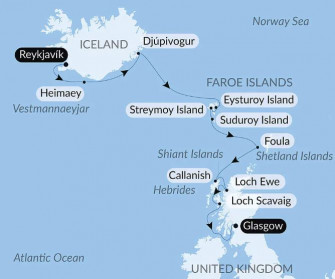 Маршрут круиза «Дикие земли Шотландии, Фарерских островов и Исландии»