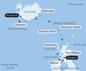 Маршрут круиза «Дикие земли Шотландии, Фарерских островов и Исландии»