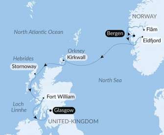 Маршрут круиза «Берега Шотландии и фьорды Норвегии»