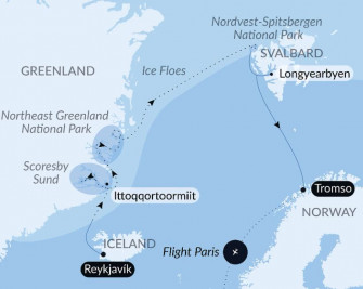 Маршрут круиза «Полярная одиссея: северо-восточная Гренландия и Шпицберген»