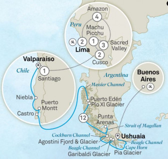 Маршрут круиза «Путешествие по Мачу-Пикчу и чилийским фьордам — круиз и наземный тур»