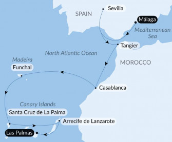 Маршрут круиза «Атлантическая одиссея от Пиренейского полуострова до Канарских островов»
