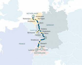 Маршрут круиза «Замки и виноградники Рейна и Мозеля. Комбинированный тур с Амстердамом и Швейцарией»