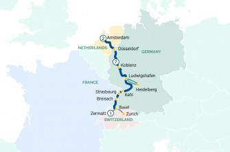 Маршрут круиза «Сокровища Рейна, Амстердам и Ледниковый экспресс»