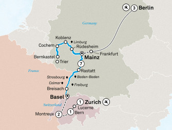 Маршрут круиза «Очаровательные замки и виноградники Рейна и Мозеля. Комбинированный тур с Берлином»