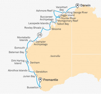 Маршрут круиза «Западная Австралия, острова Аброльос и побережье Кимберли»