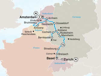 Маршрут круиза «Романтичный Рейн, Мозель и Амстердам»