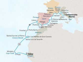 Маршрут круиза «Средиземноморские Ривьеры и жемчужины Атлантики: из Италии в Африку»