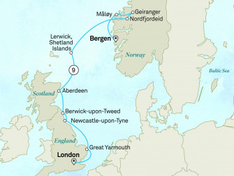 Маршрут круиза «Величественные норвежские фьорды: из Лондона в Берген»