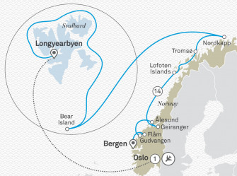Маршрут круиза «Норвежские фьорды и пересечение полярного круга»
